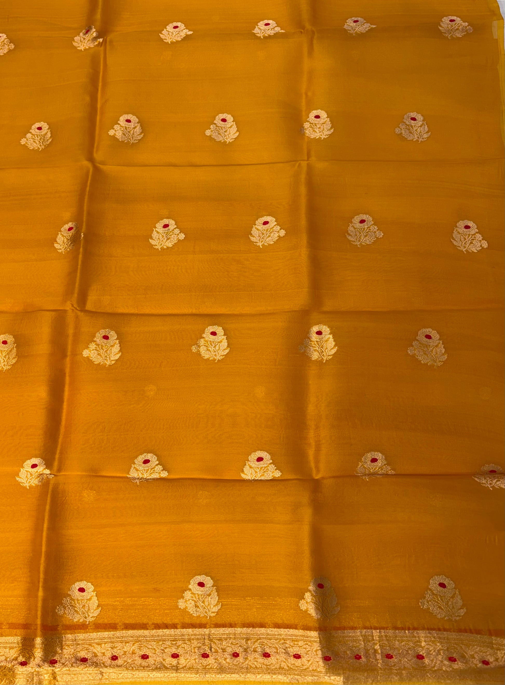Pure Handloom Kora silk suit set in mustard yellow colour with meenakari work