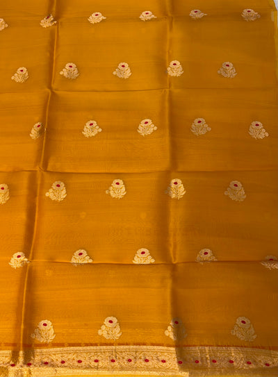 Pure Handloom Kora silk suit set in mustard yellow colour with meenakari work