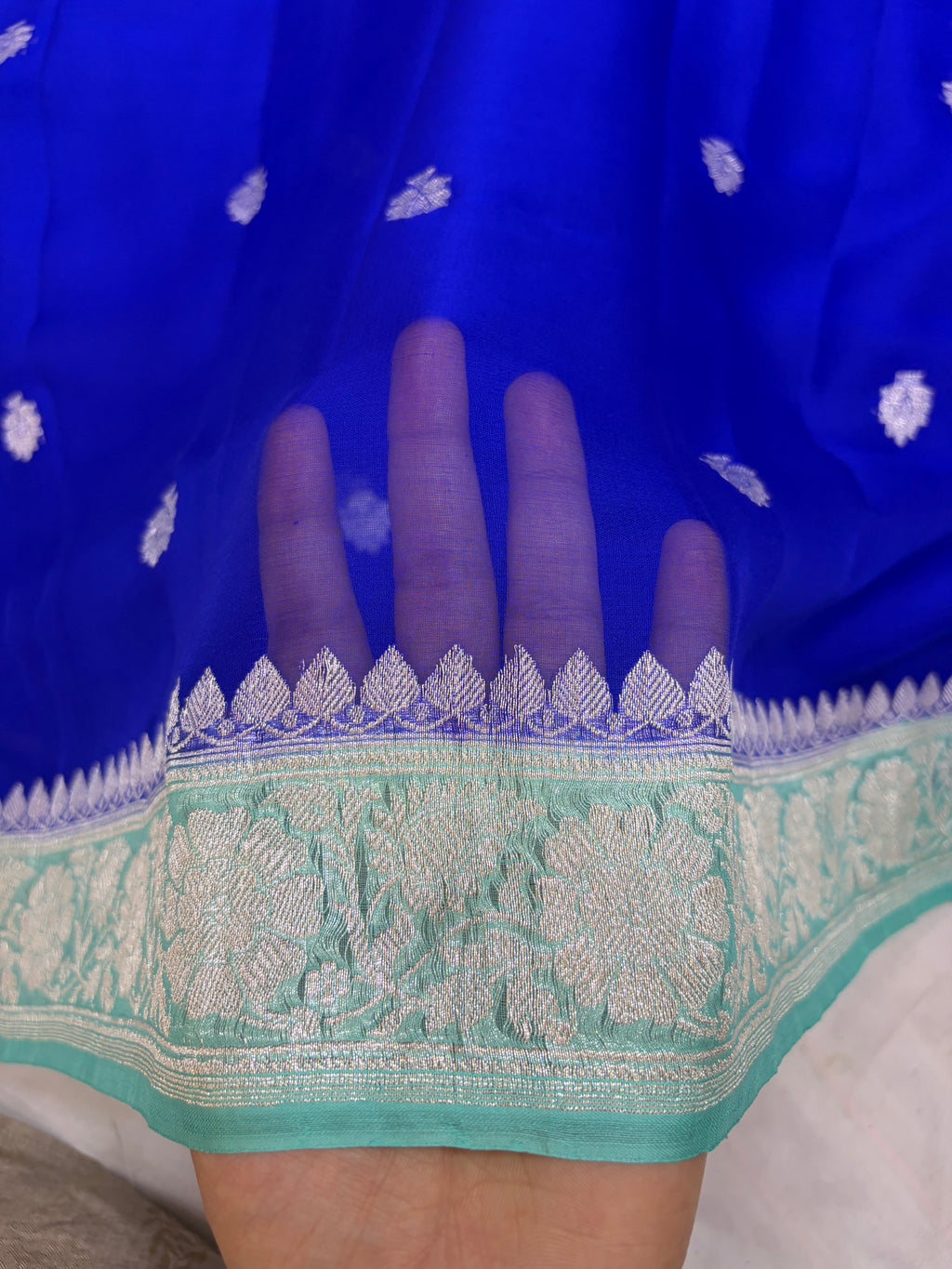 Pure khaddi chiffon saree in Royal blue and sea green colour