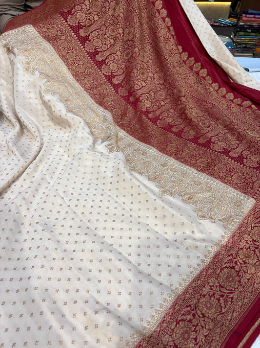 Pure khaddi crepe silk saree off white with red colour
