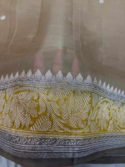 Contrast Pure khaddi chiffon Zari Border Buti saree