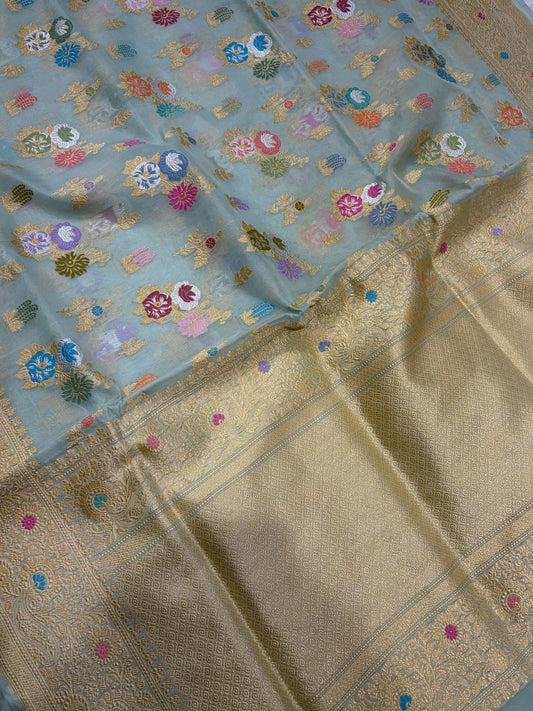 Premium pure Kora silk saree with all over meenawork in beautiful sea green shade