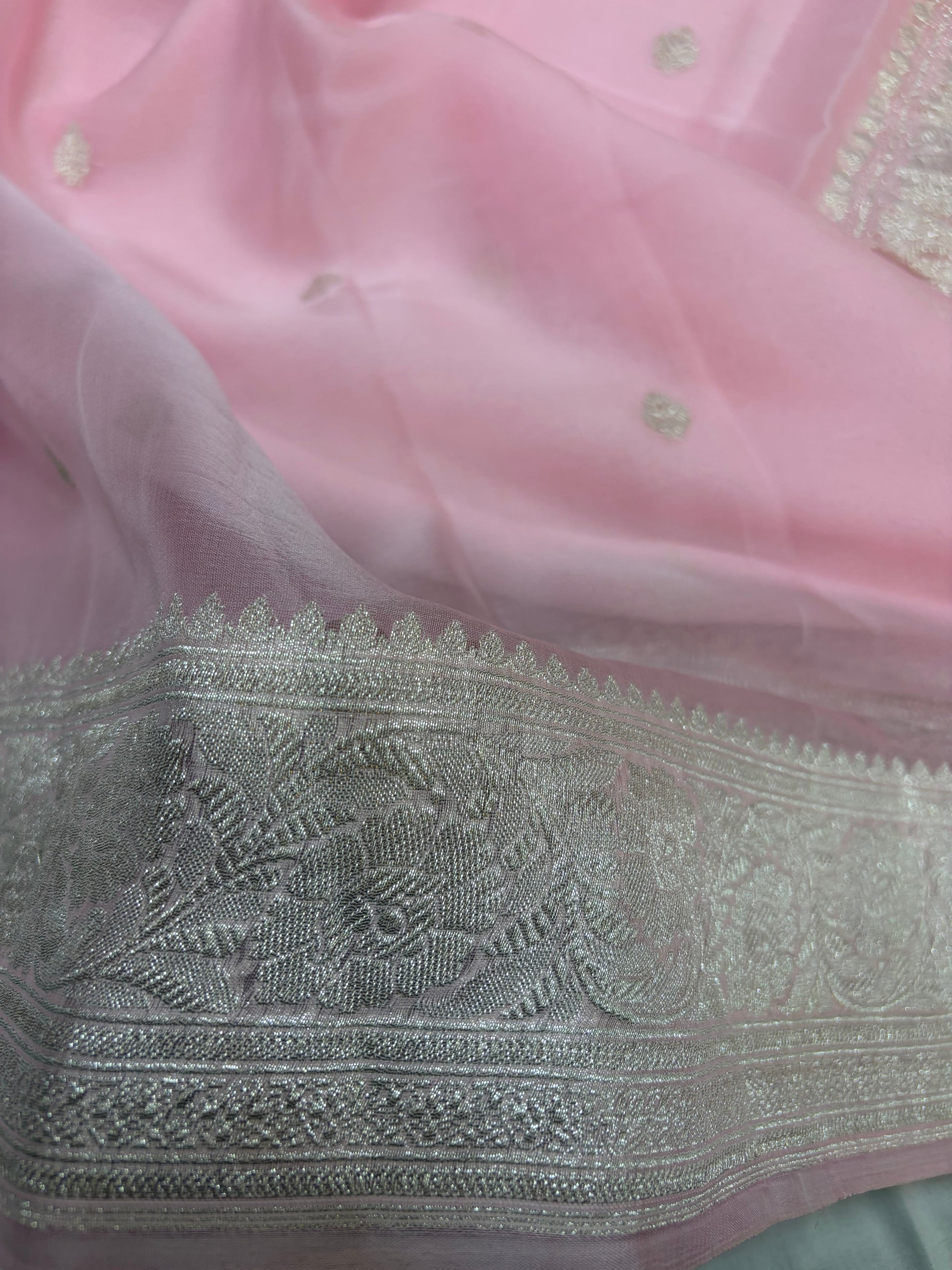 Baby pink pure Khaddi Chiffio Banarasi Zari Border Saree