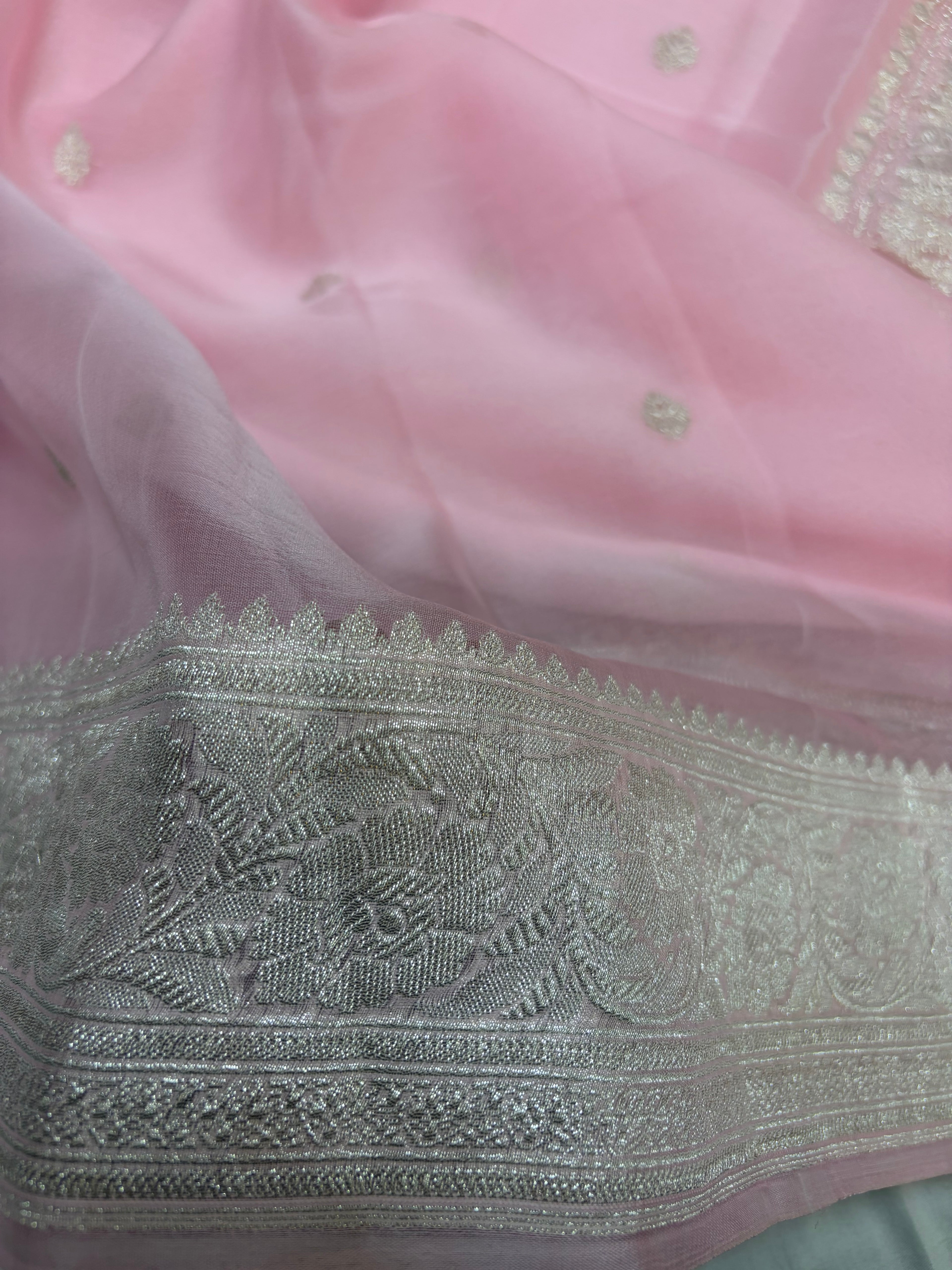 Baby pink pure Khaddi Chiffio Banarasi Zari Border Saree