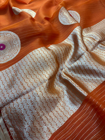 Pure handloom organza silk saree in Rust orange colour