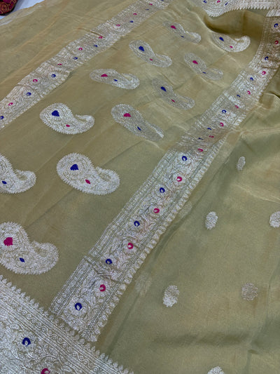 LIGHT CHIKU COLOUR PURE KHADDI CHIFFON TISSUE SILK SAREE