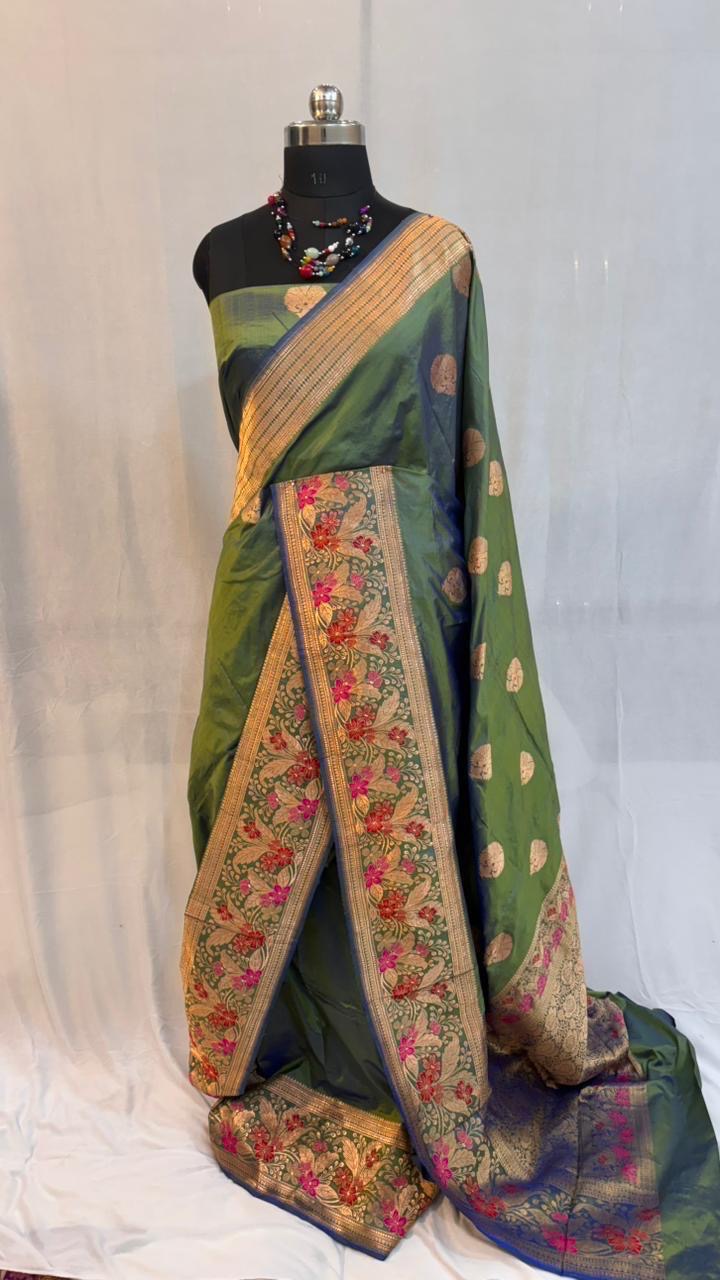 Pure meenakari katan silk saree in  green colour