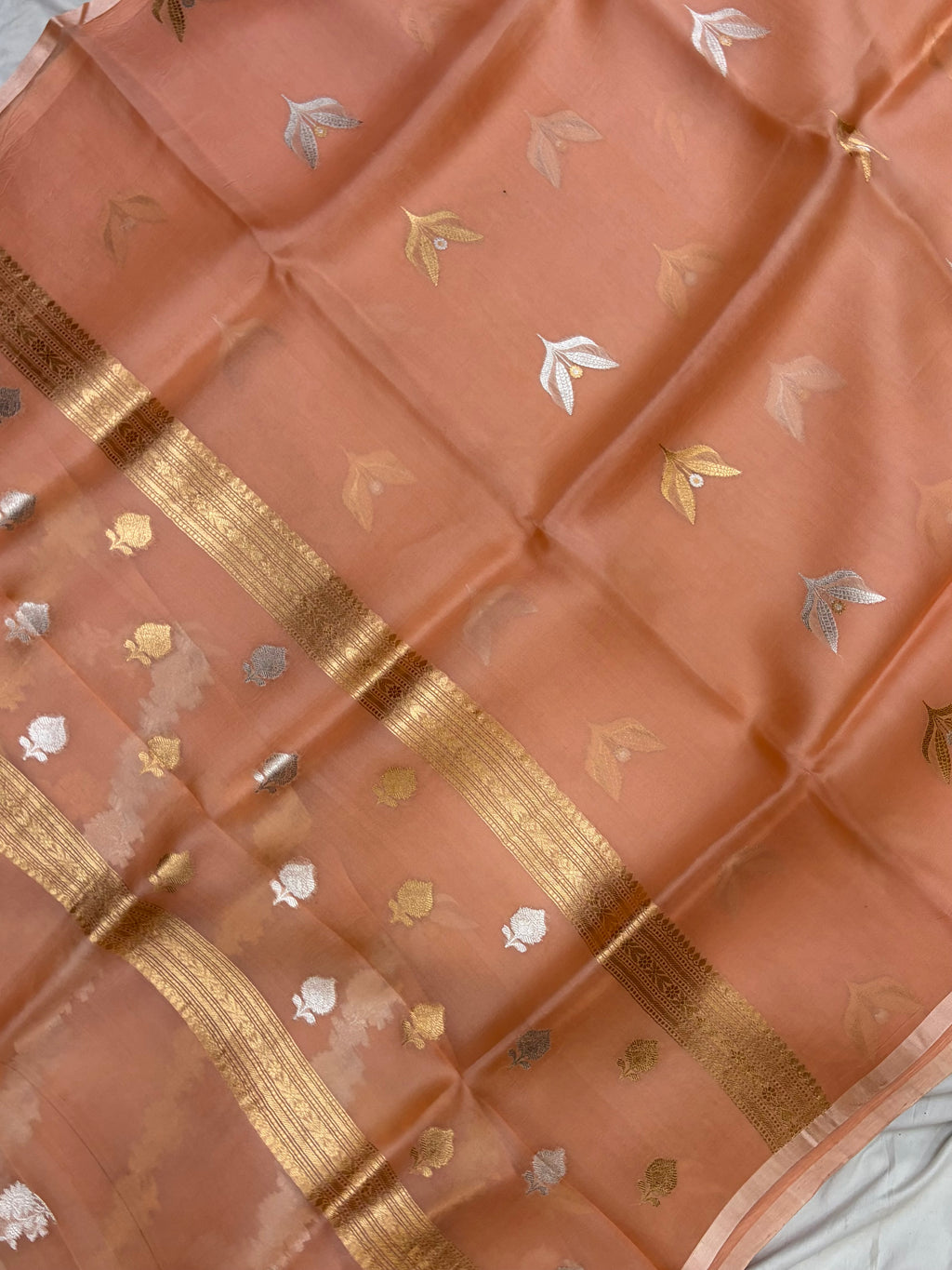 Pure handloom organza silk saree in peach colour