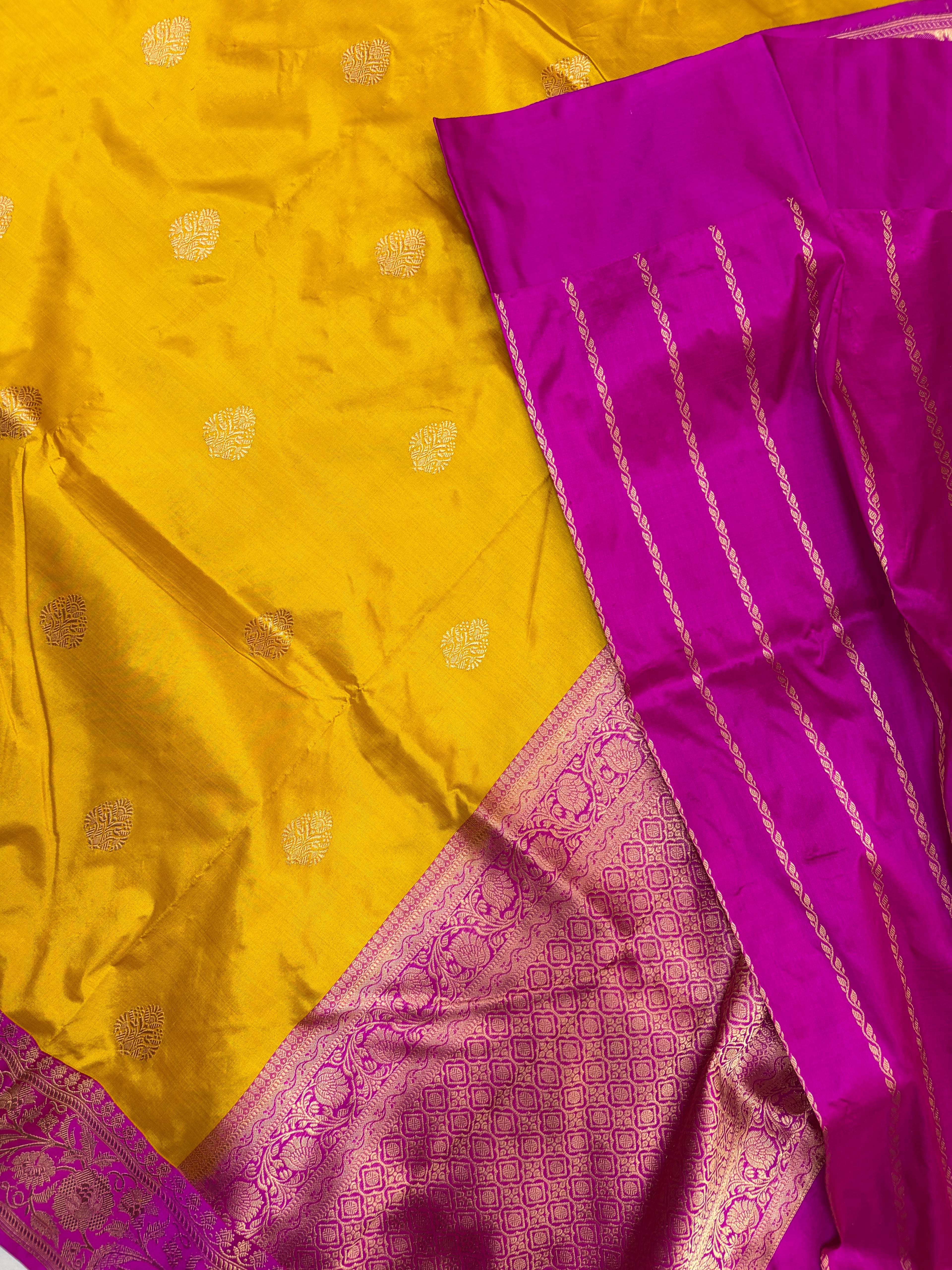 Pure handwoven katan silk saree in mustard with Rani  colour