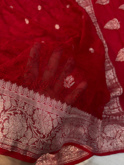 Pure khaddi chiffon saree in red colohr with all over chickenkari work