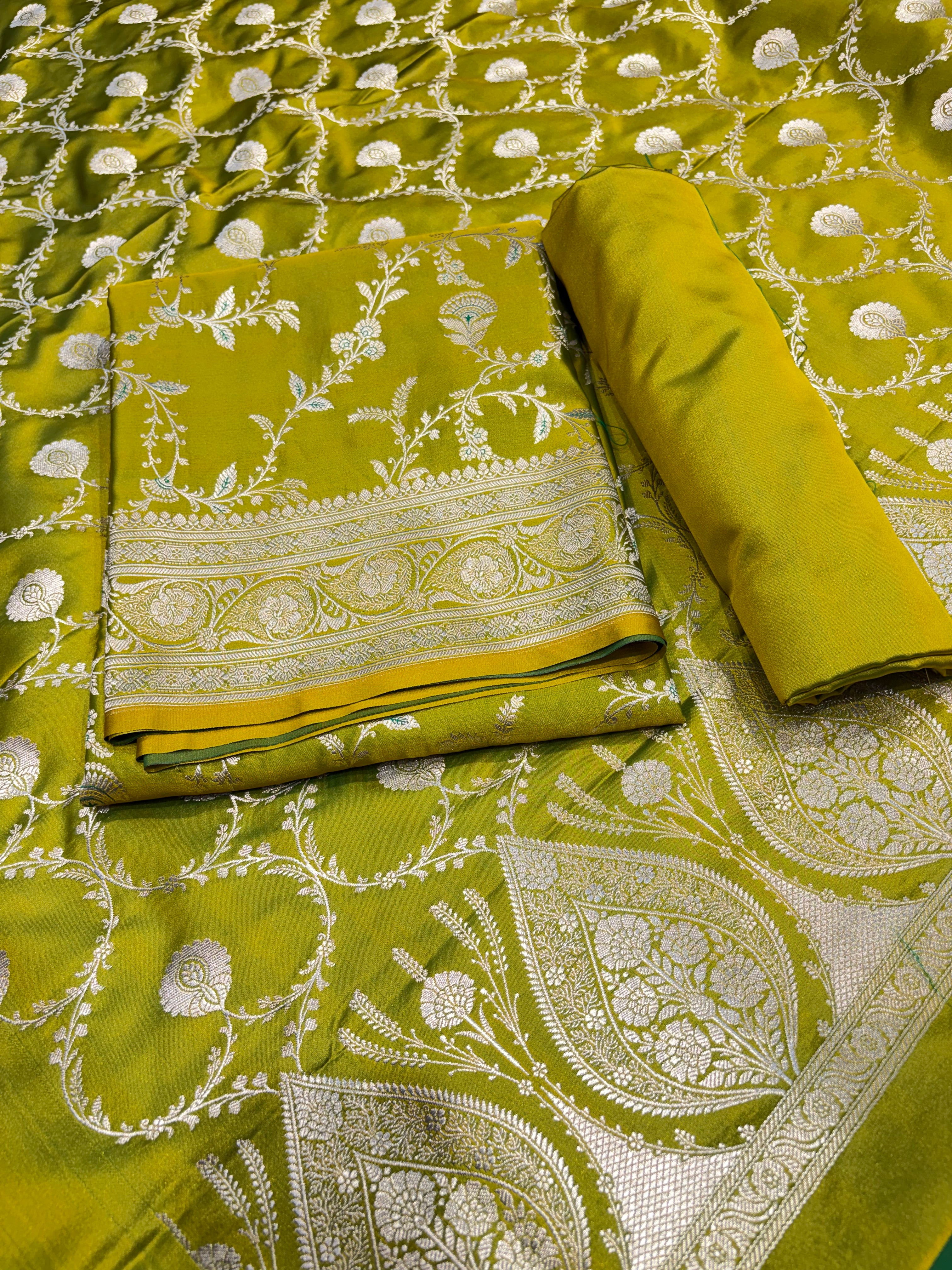 Beautiful Banarasi Mashru silk suit with all over jaal pattern
