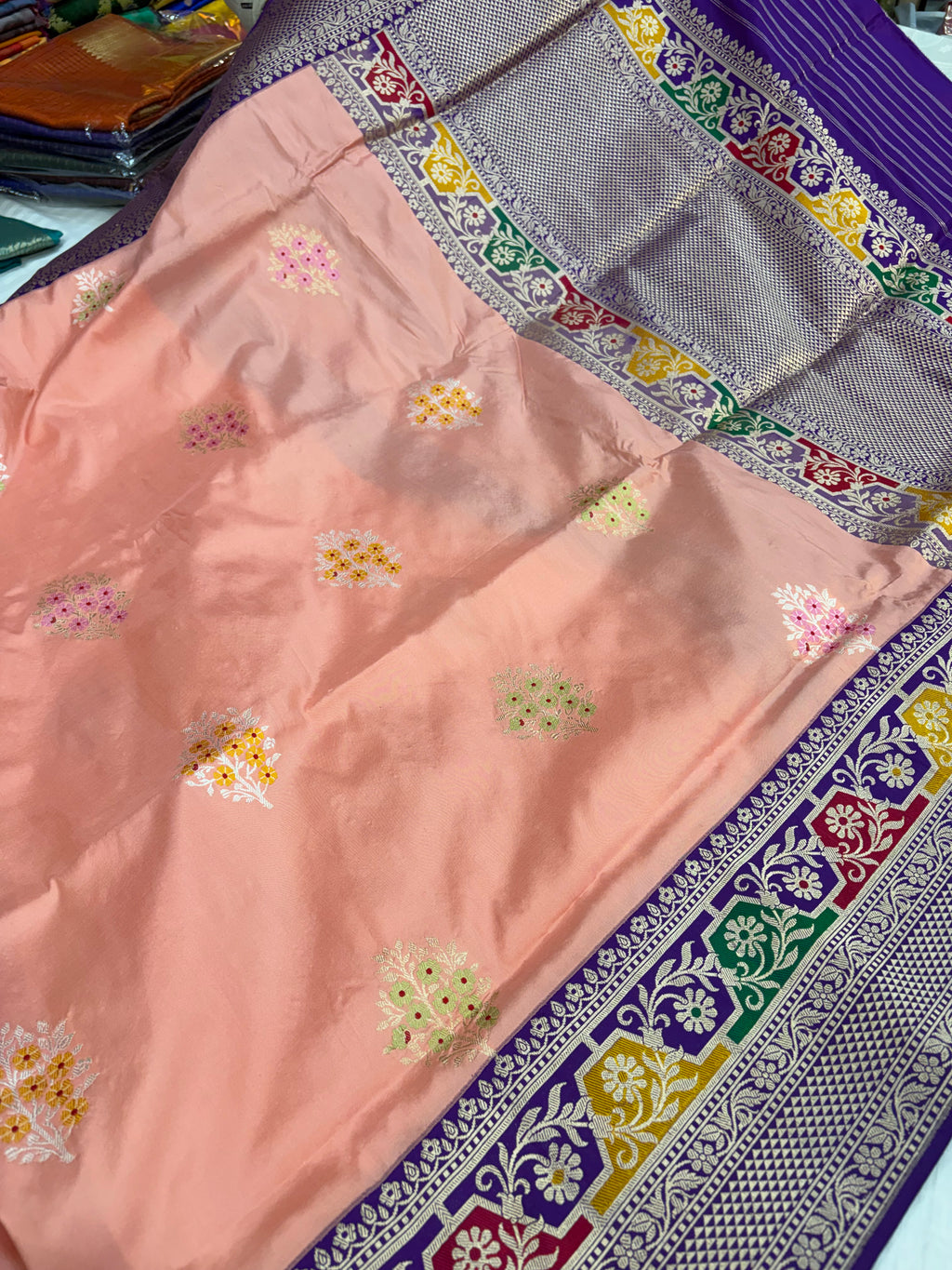 Premium pre katan silk saree with all meenawork in peach and royal purple colour
