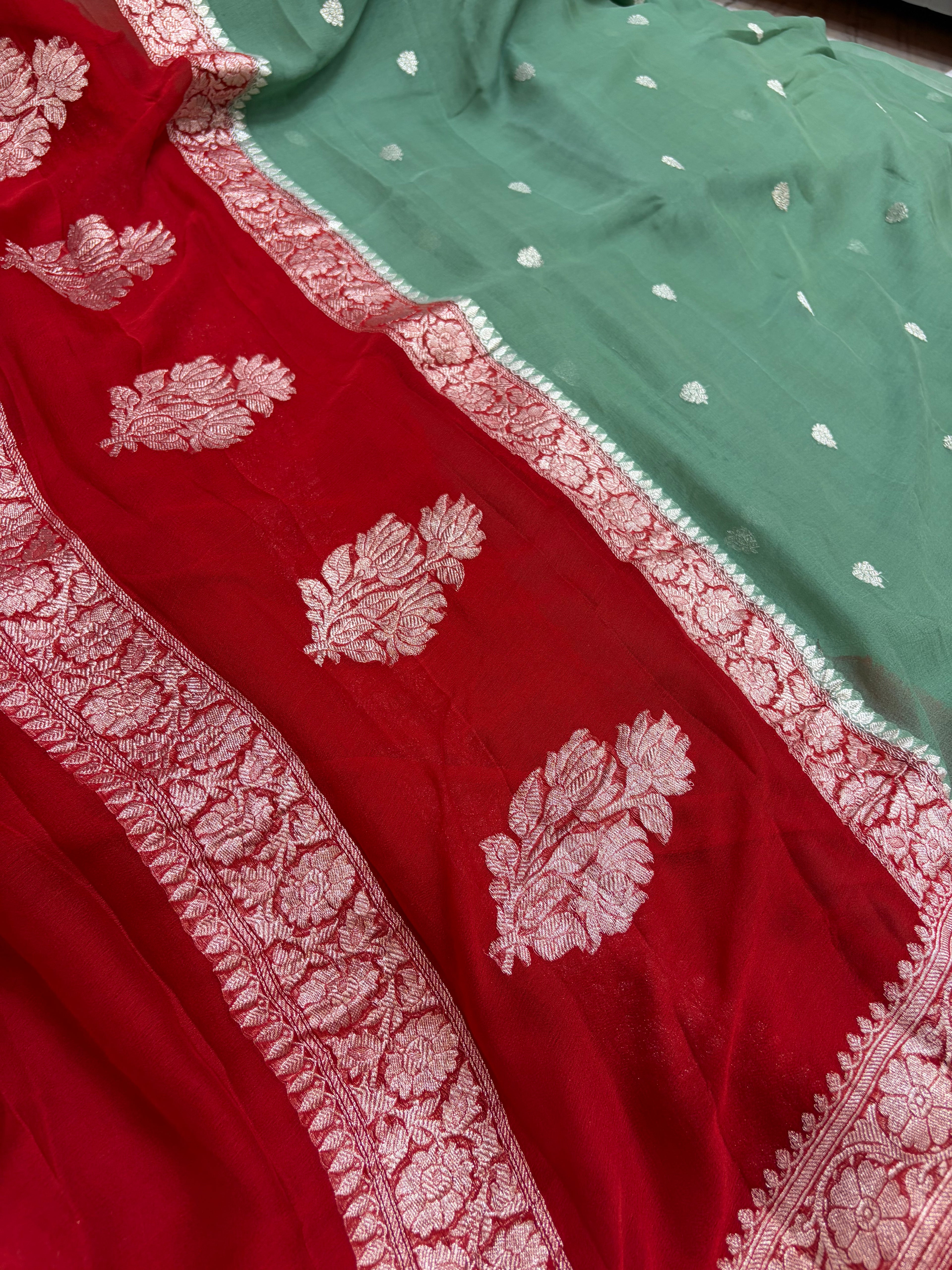Beautiful Pure khaddi chiffon saree in beautiful contrast colour