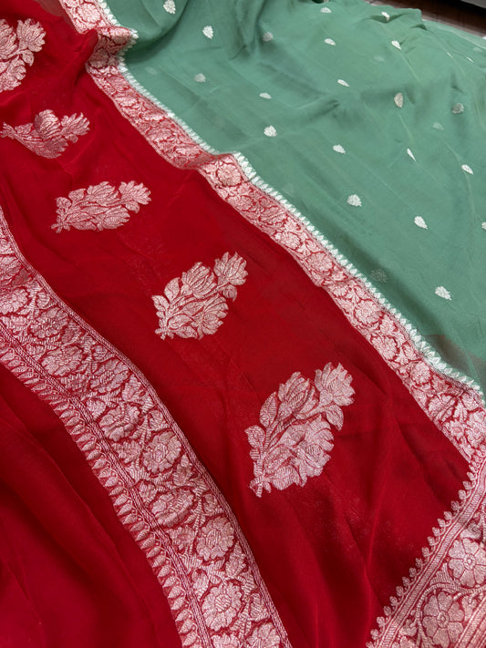 Beautiful Pure khaddi chiffon saree in beautiful contrast colour