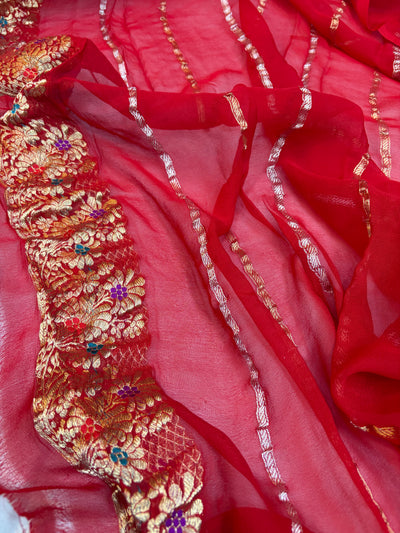 Meena Kari Pure Khaddi georgette saree with real zari work in red colour