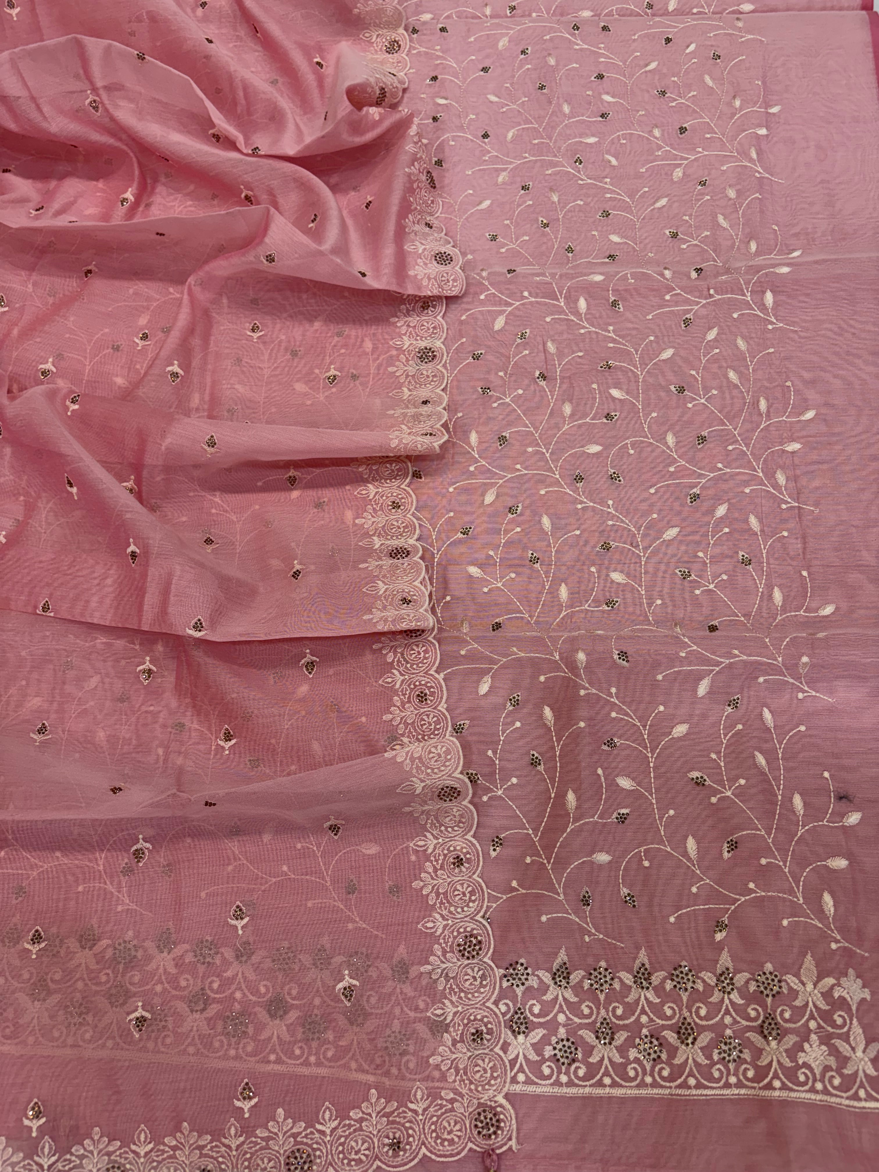 Banarasi pink soft silk suit with all over embroidery work