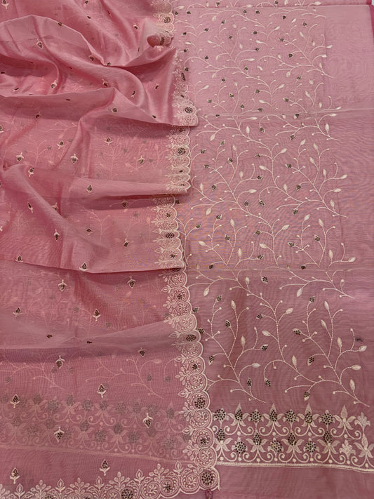 Banarasi pink soft silk suit with all over embroidery work
