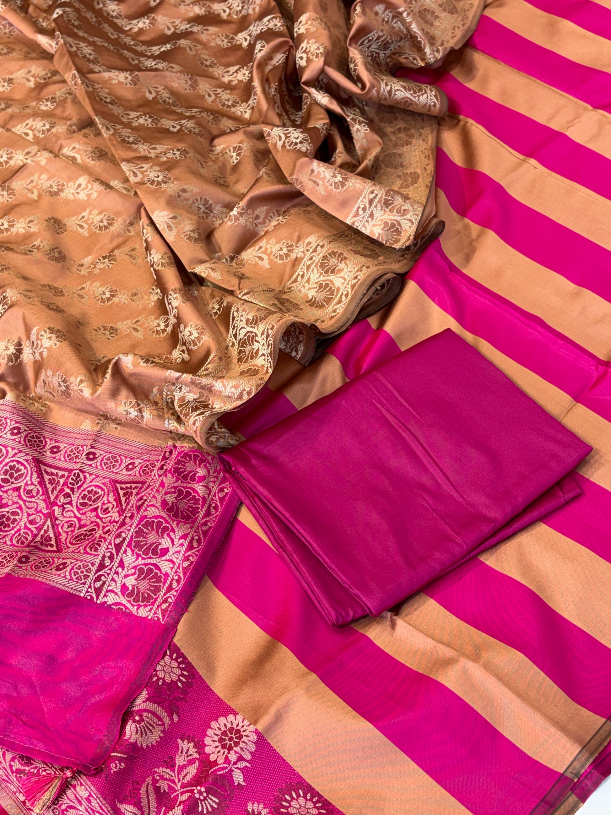 Banarasi soft silk suit in cream with pink  colour combination