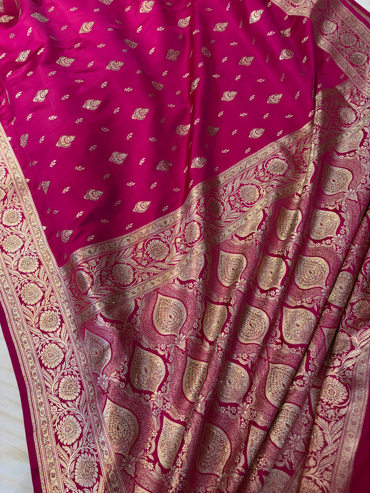 Bridal Banarasi satin Katan silk sarees in Rani pink colour with all over Swarovski work