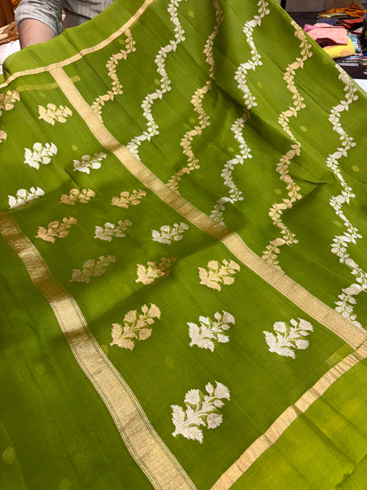 Pure handloom organza silk saree in olive green colour