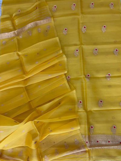 Pure Handloom Kora silk suit set in lemon yellow colour with meenakari work