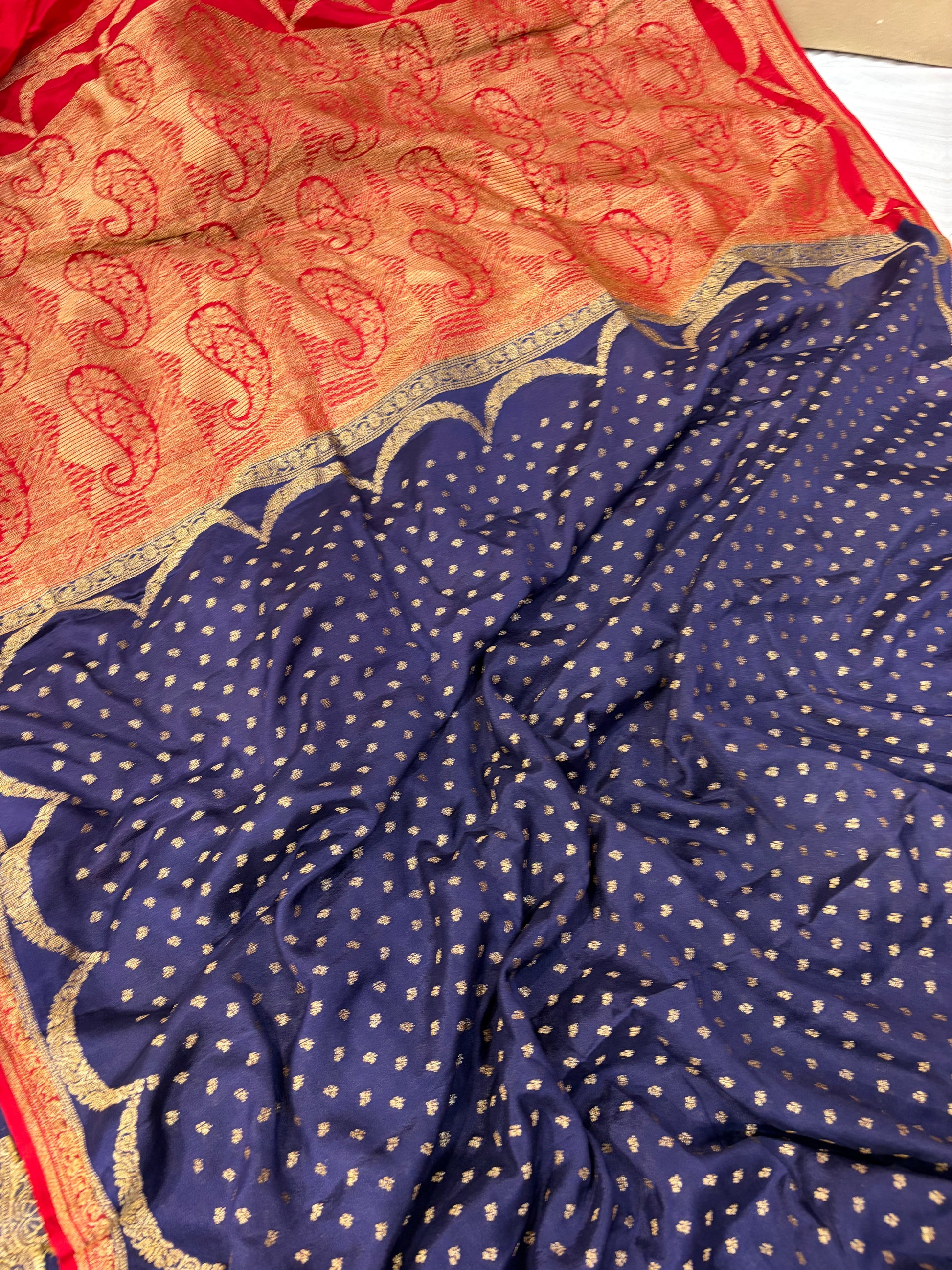 Pure khaddi crepe silk saree in navy blue with red colour combination