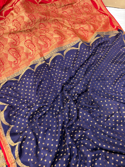 Pure khaddi crepe silk saree in navy blue with red colour combination
