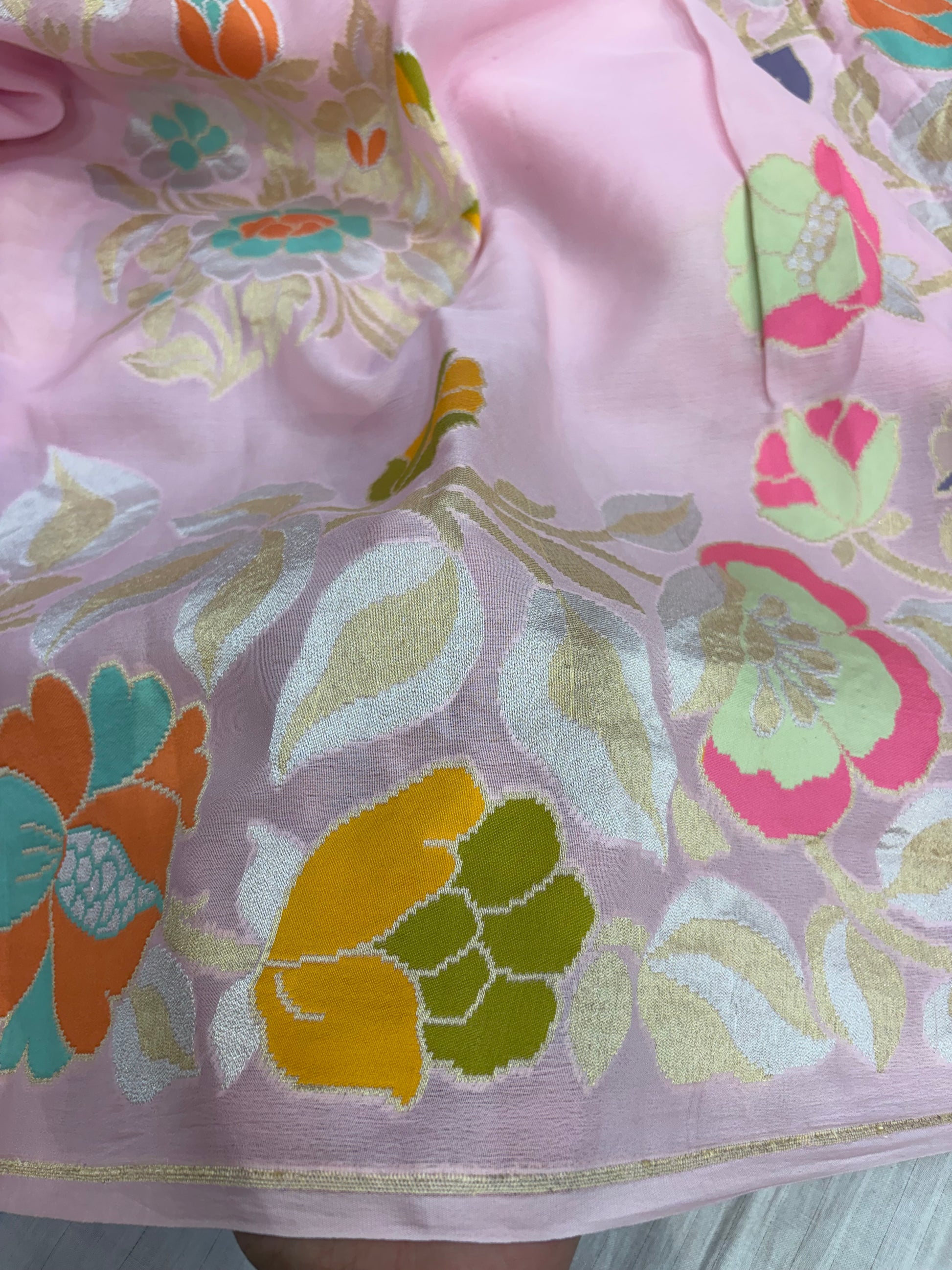 Pure Banarasi handloom georgette silk saree in baby pink colour with all over meenakari work