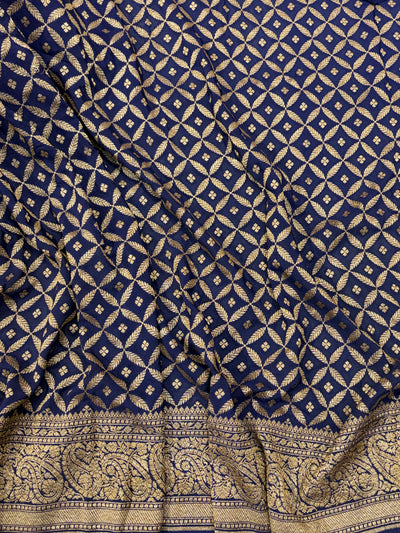Pure khaddi crepe silk saree in mustard yellow with dark navy blue colour
