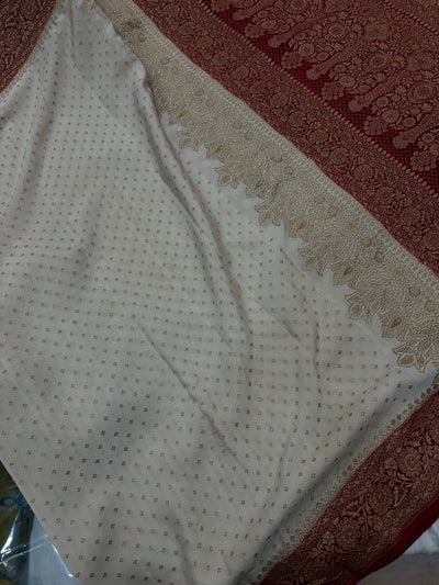 Pure khaddi crepe silk saree off white with red colour