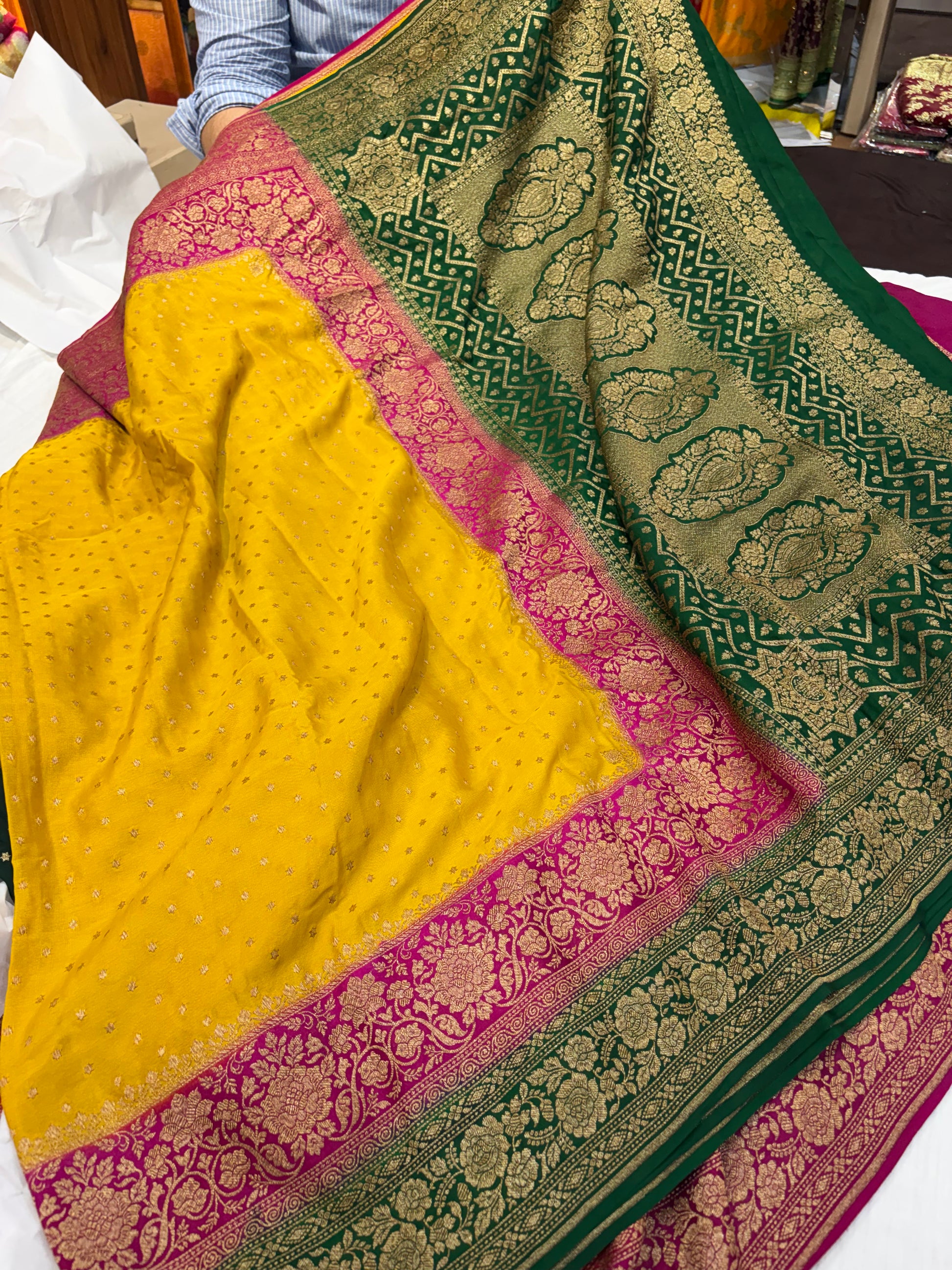 Pure khaddi crepe silk saree with 3D border in yellow Rani & bottle green colour combination