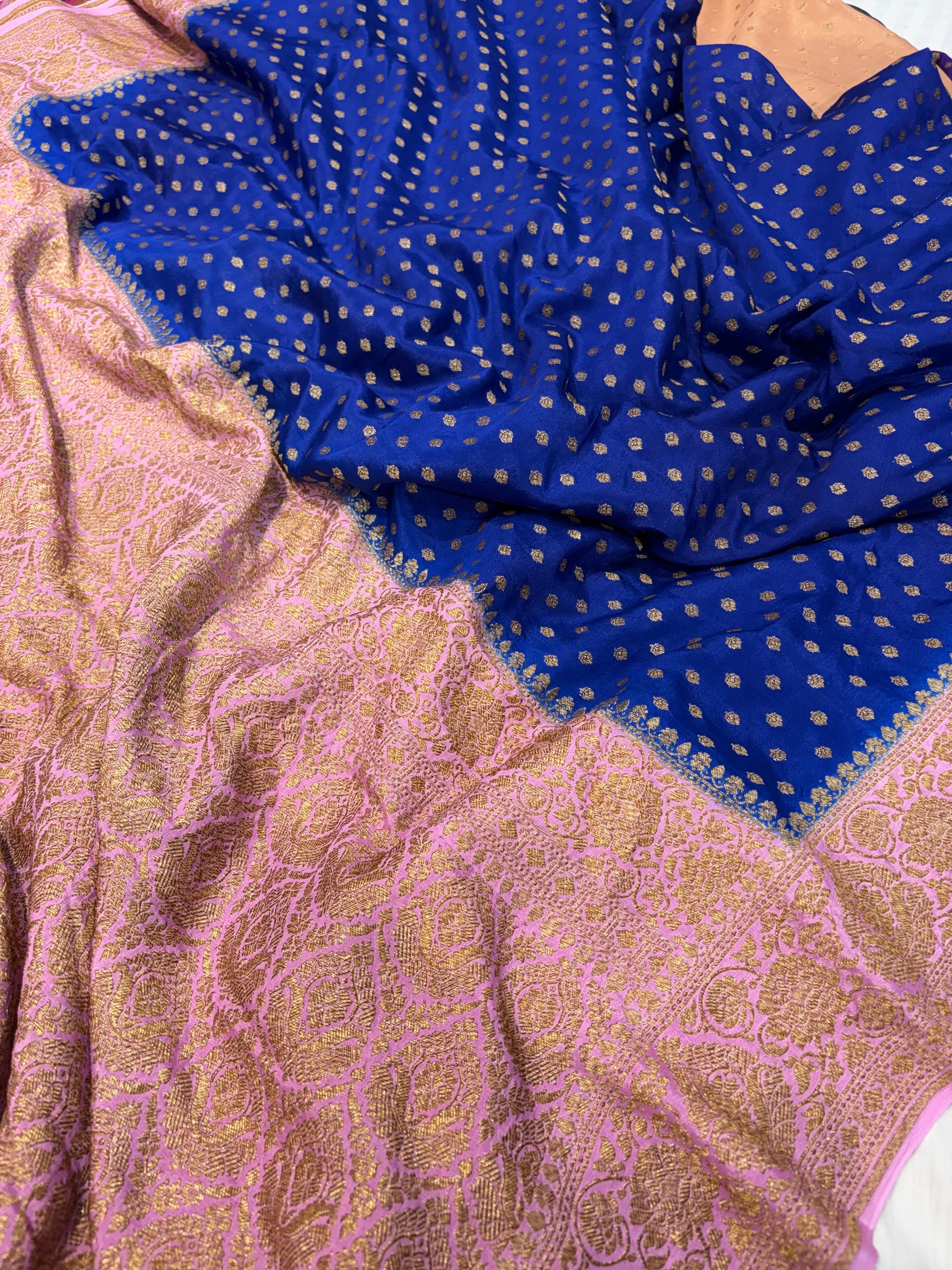 Pure khaddi crepe silk saree in Royal blue with baby pink colour