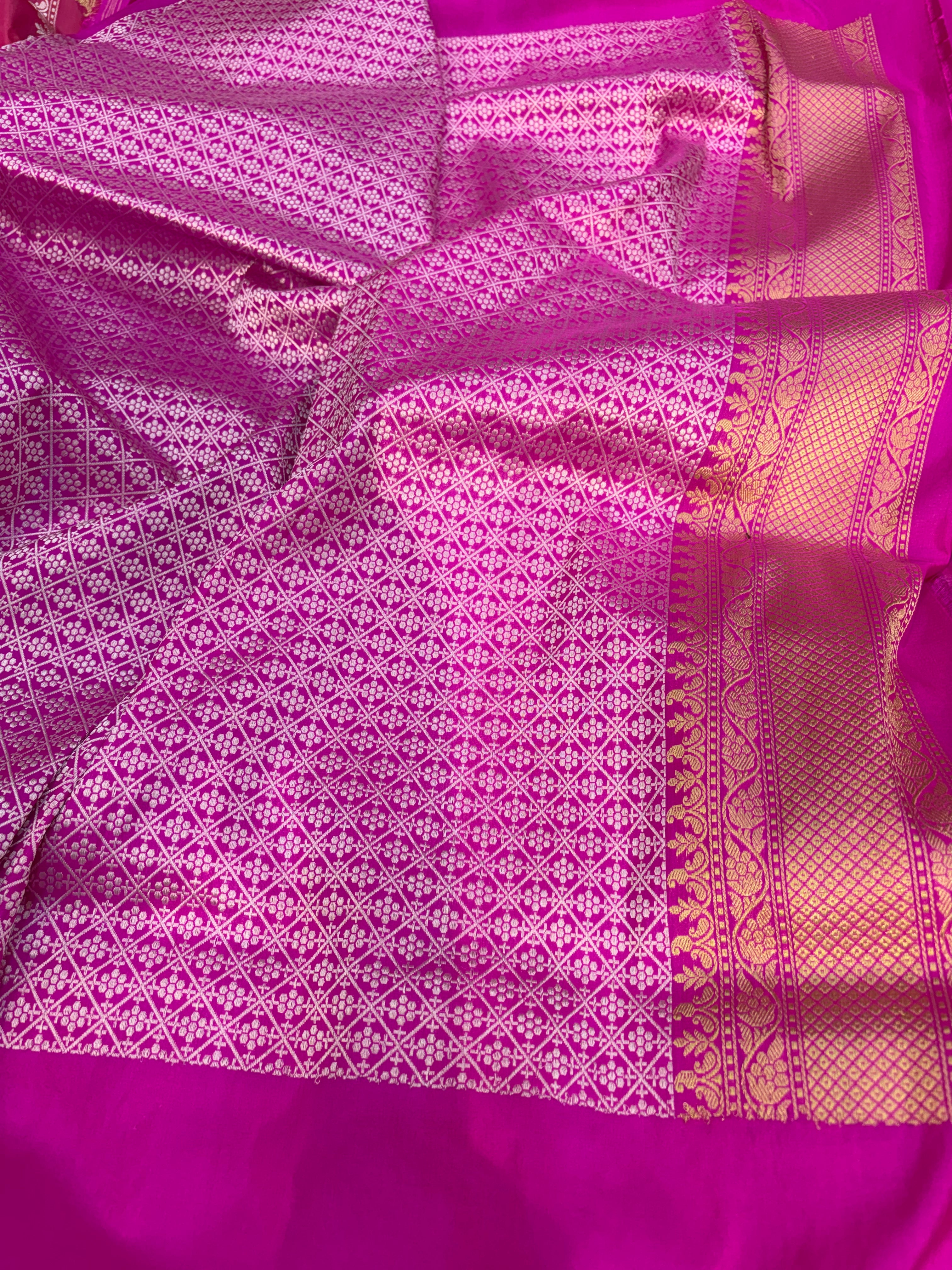 Pure katan silk saree in hot pink colour with multiple meenakari work