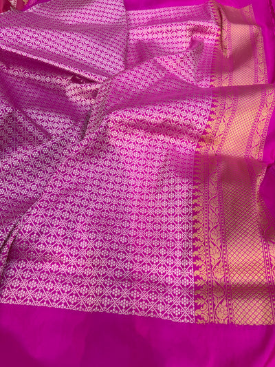 Pure katan silk saree in hot pink colour with multiple meenakari work