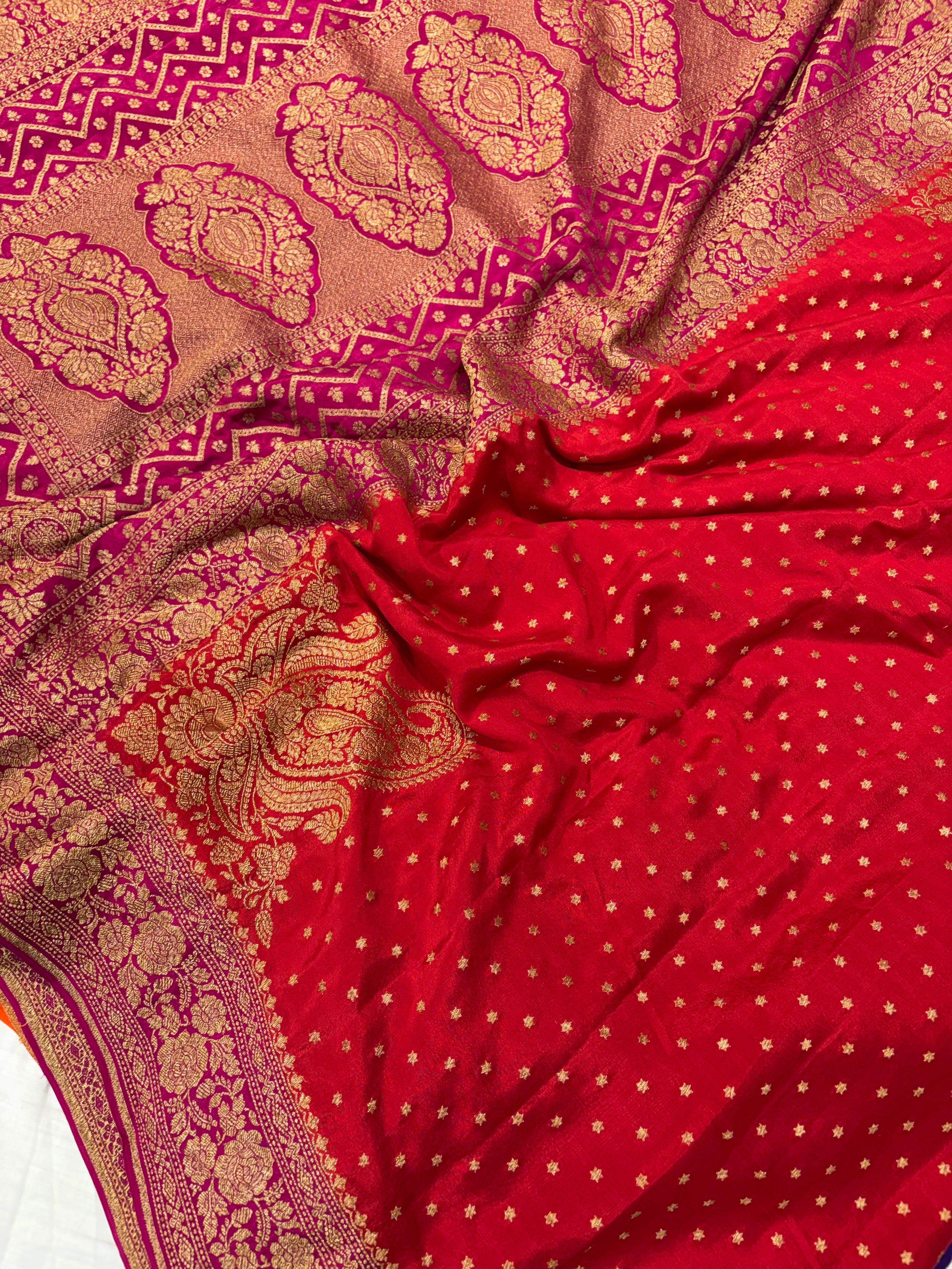 Pure khaddi crepe silk saree in blood red with rani pink colour