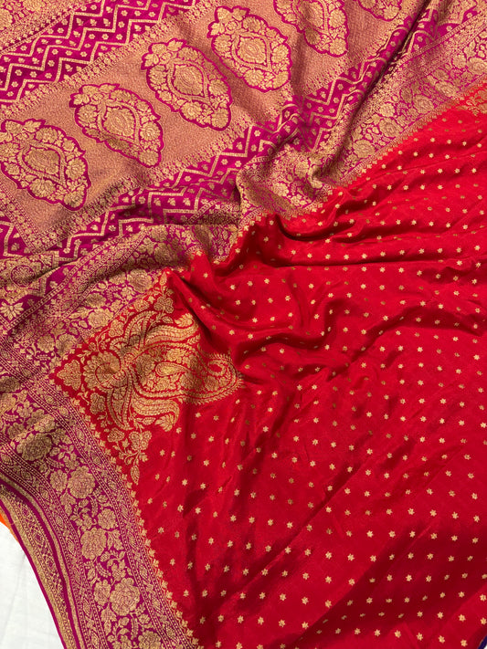 Pure khaddi crepe silk saree in blood red with rani pink colour