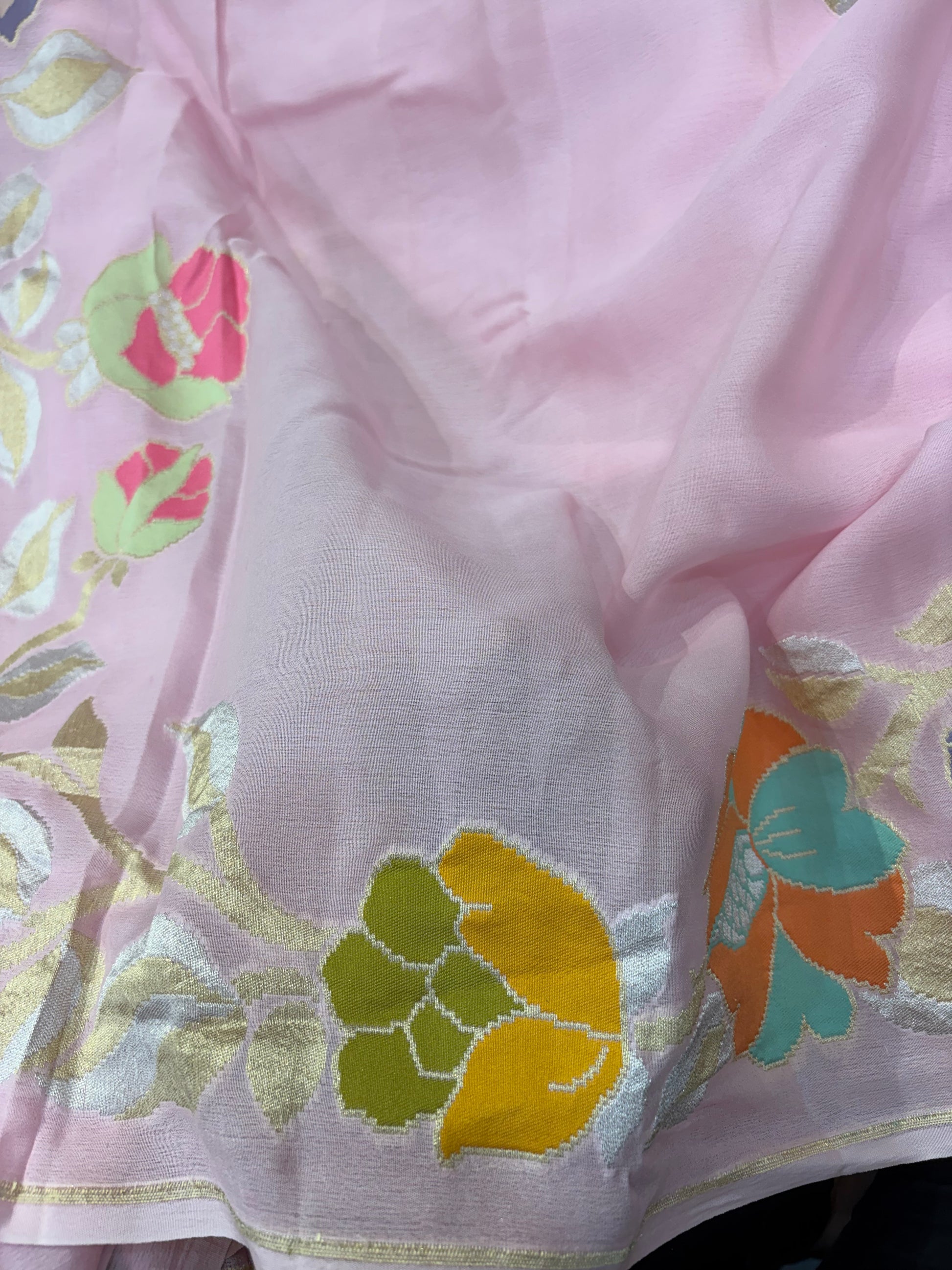 Pure Banarasi handloom georgette silk saree in baby pink colour with all over meenakari work
