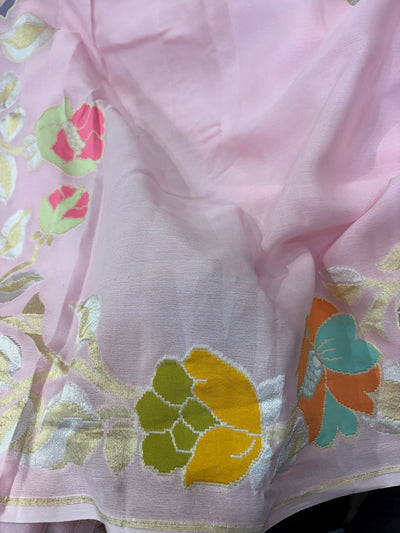 Pure Banarasi handloom georgette silk saree in baby pink colour with all over meenakari work