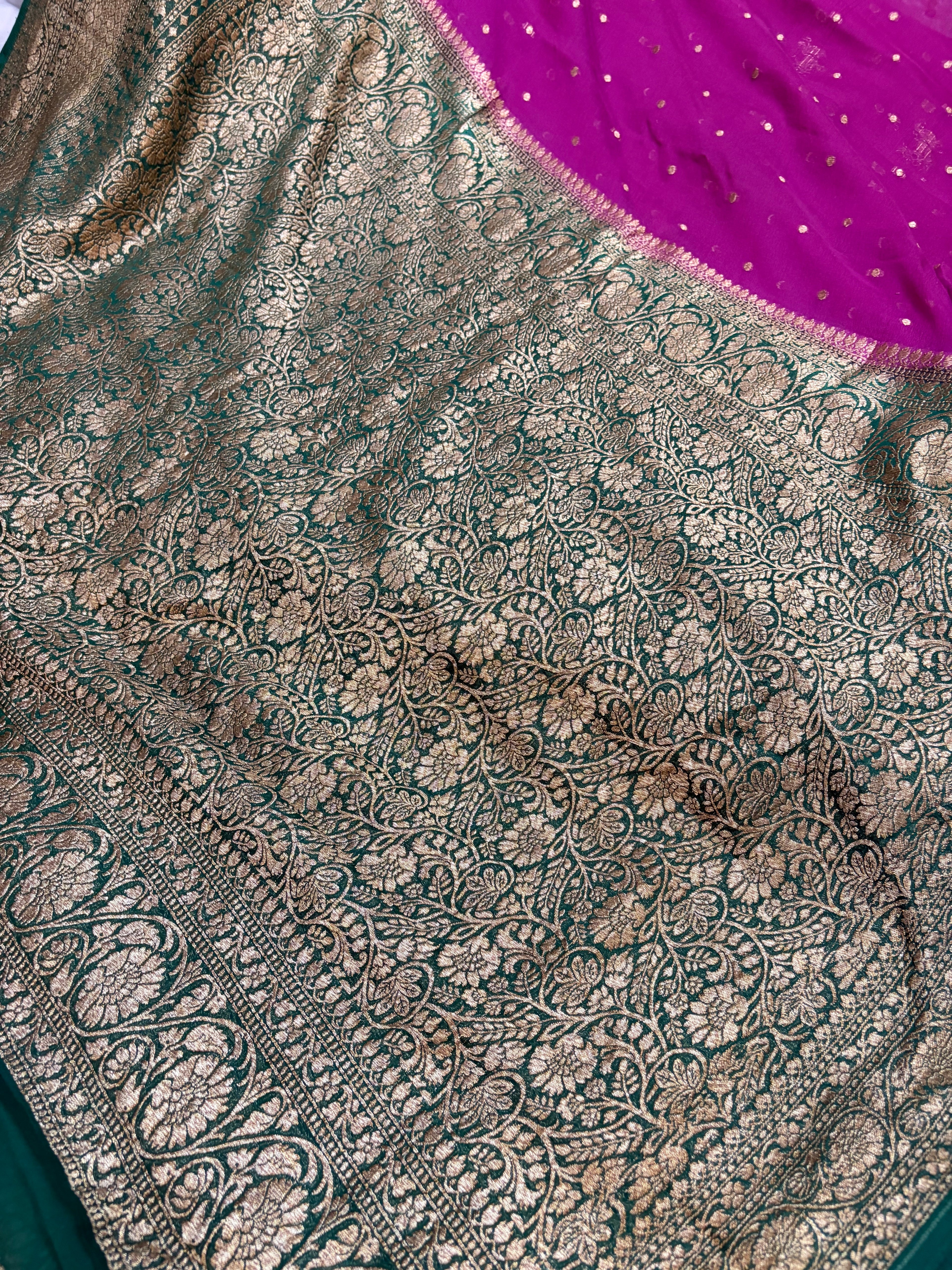 Pure georgette silk saree in Dark magenta with bottle green