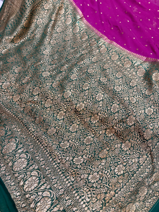 Pure georgette silk saree in Dark magenta with bottle green