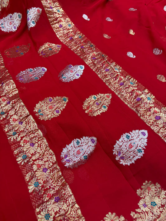 Meena Kari Pure Khaddi georgette saree with real zari work in red colour