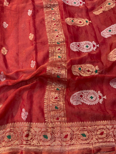 PURE KHADDI TISSUE SILK SAREE IN RED COLOUR (