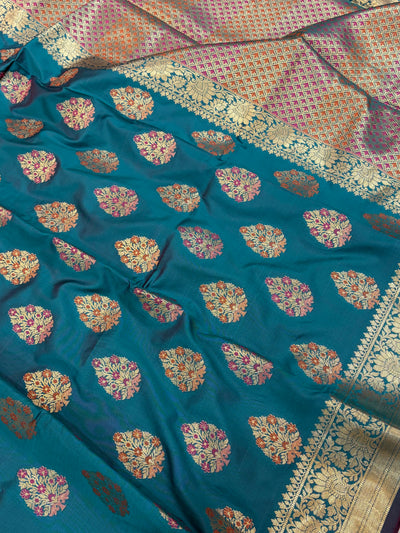 Banarasi katan by katan silk saree in Rama green colour with multiple meenakari work
