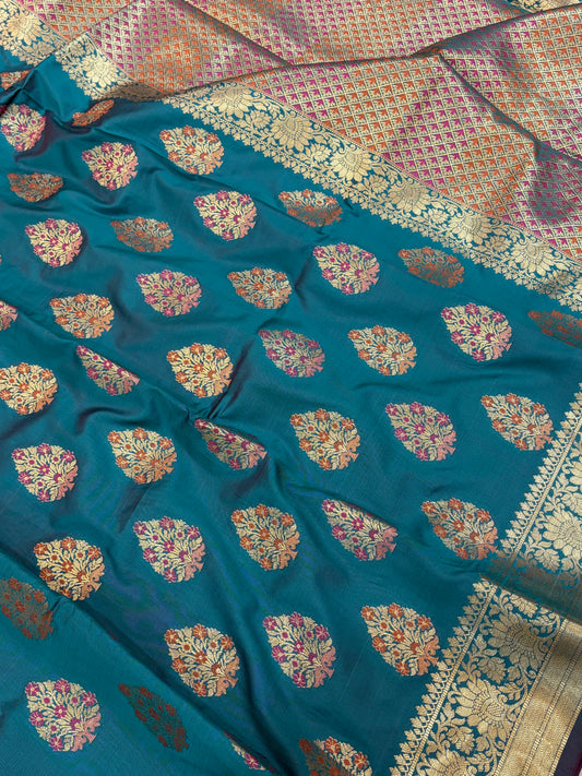 Banarasi katan by katan silk saree in Rama green colour with multiple meenakari work