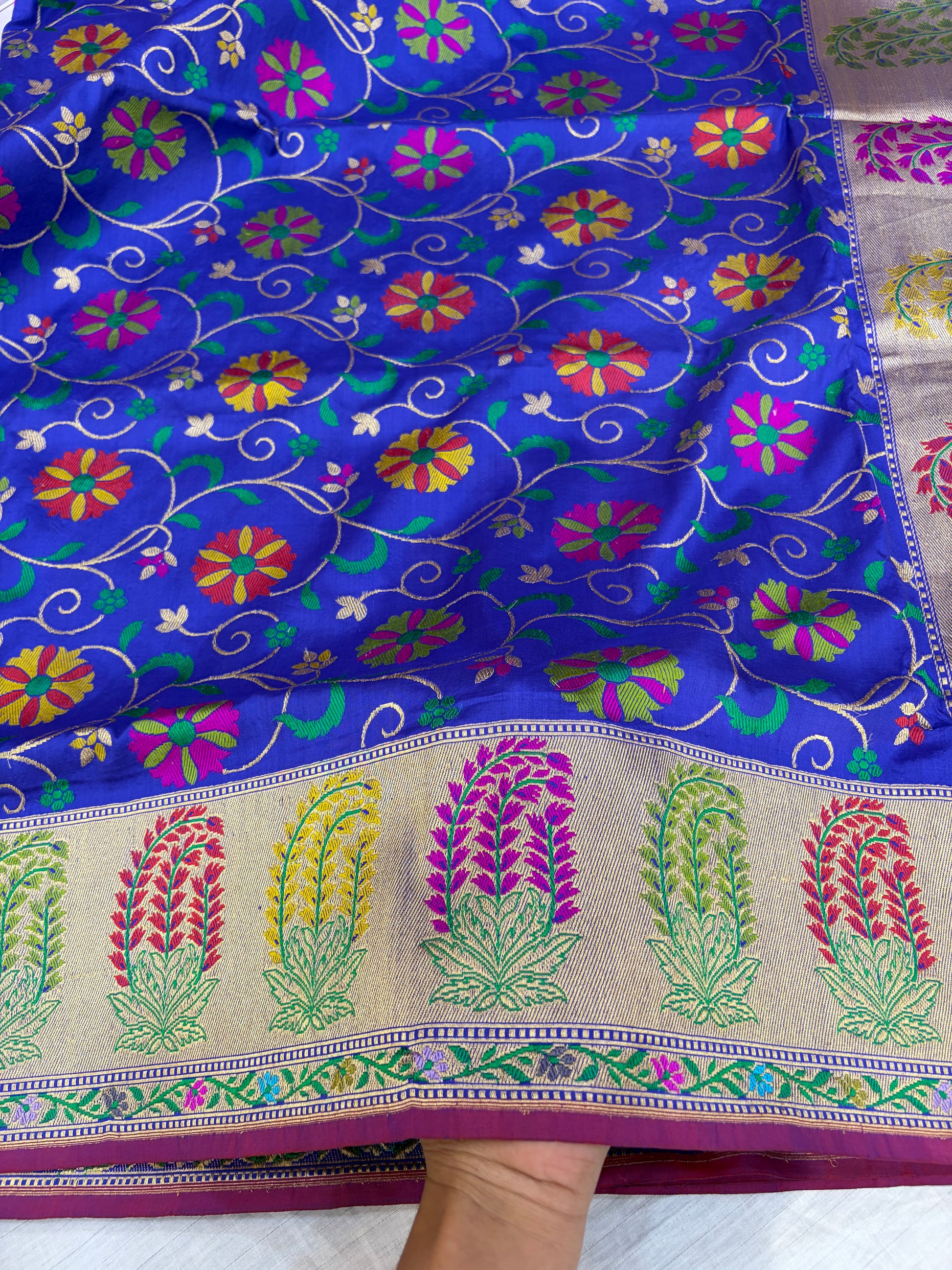 Royal blue pure handloom katan Banarasi silk saree with multi meena jaal & paithani muniya border