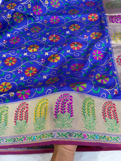 Royal blue pure handloom katan Banarasi silk saree with multi meena jaal & paithani muniya border