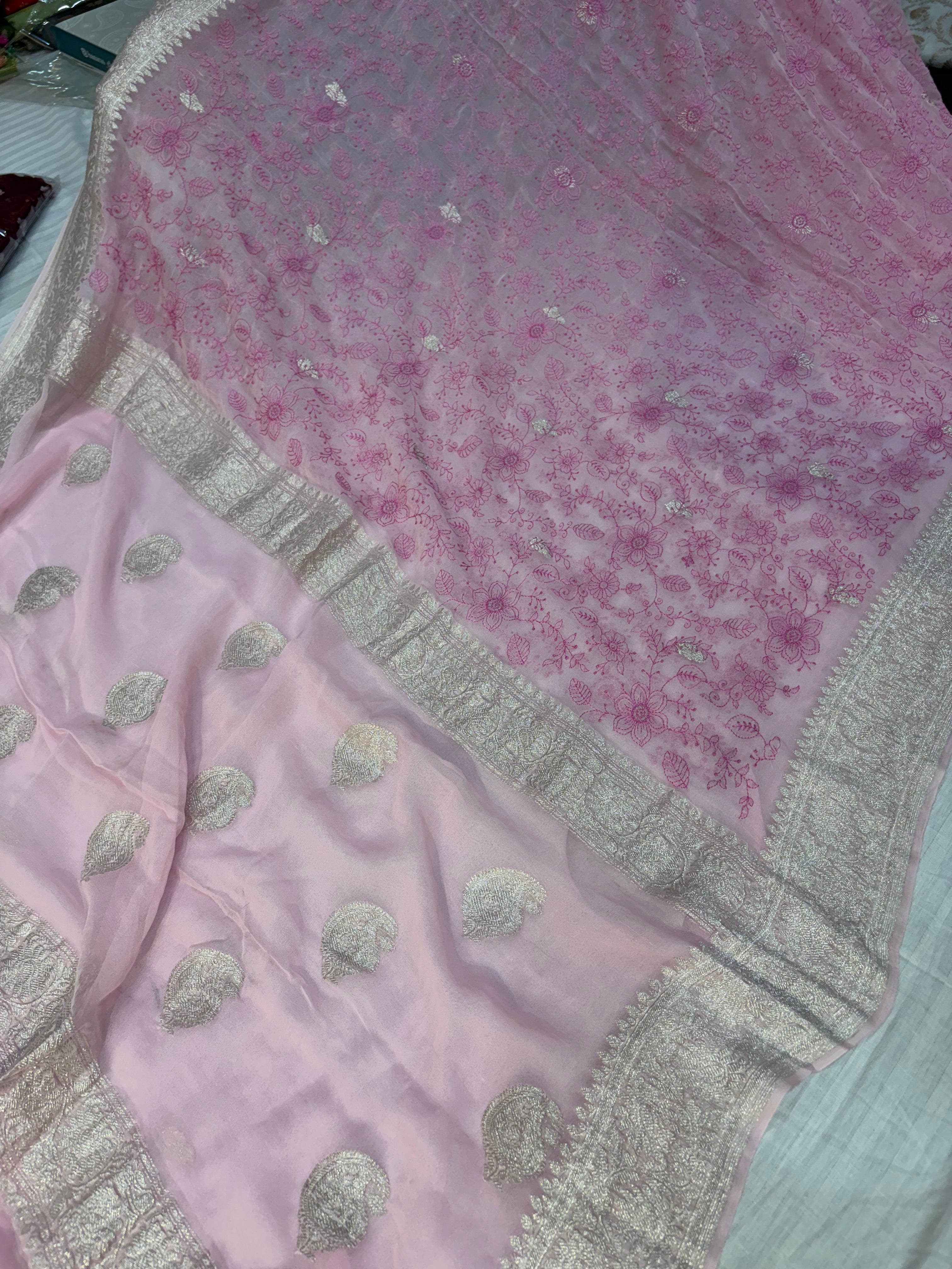 Pure khaddi chiffon saree in baby pink colour with all over chickenkari work