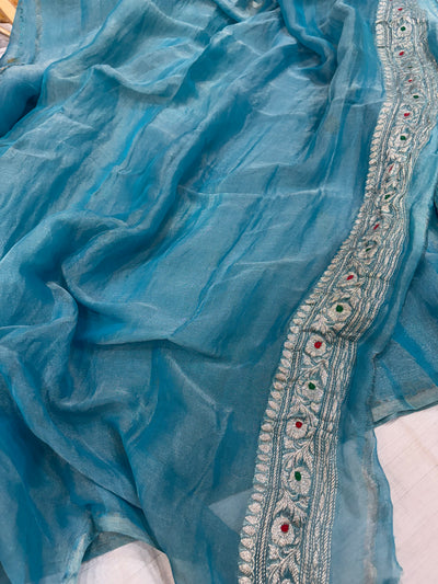 PURE KHADDI TISSUE SILK SAREE IN OCEAN BLUE COLOUR