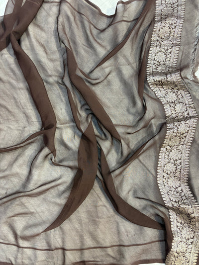 Pure khaddi chiffon chunri buti saree in rust orange with dark chocolate colour