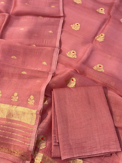 Pure Handloom Kora silk suit set in Rose pink colour with meenakari work